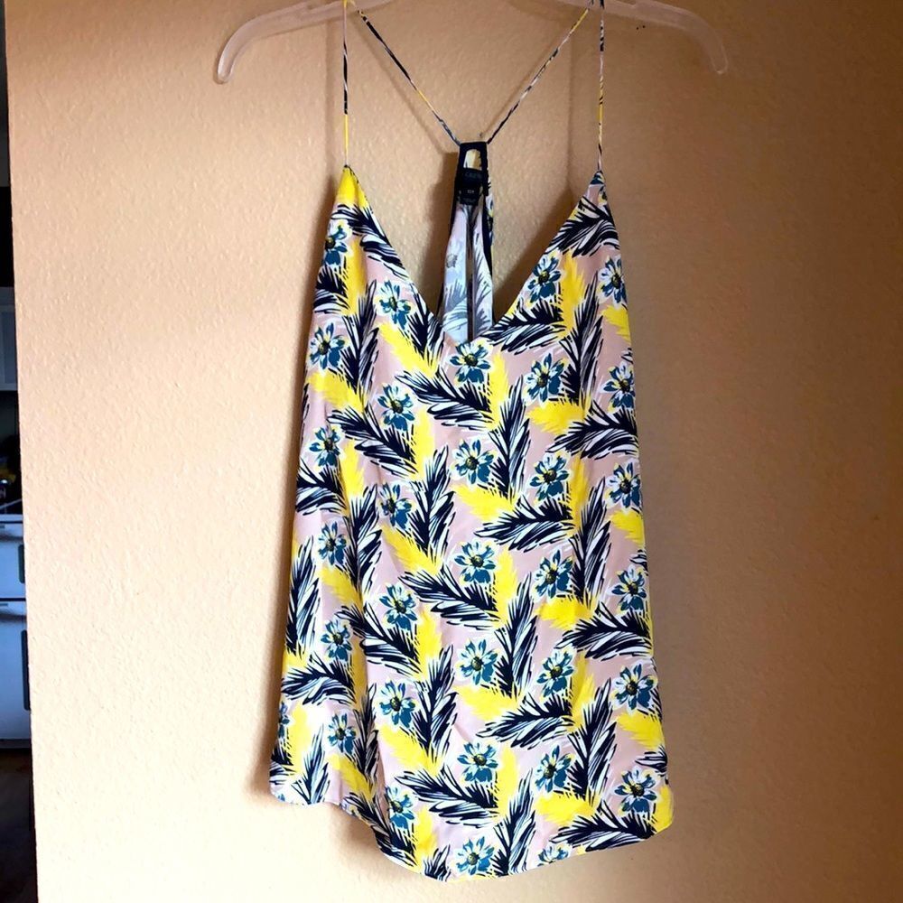 J. Crew spaghetti strap v-neck 100% silk top in yellow blues tan floral 10T